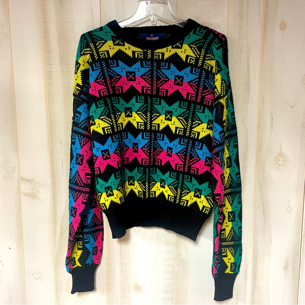 Vintage Herman’s 80s Black/Multicolor Abstract Knit Wool-Blend Sweater Sz M